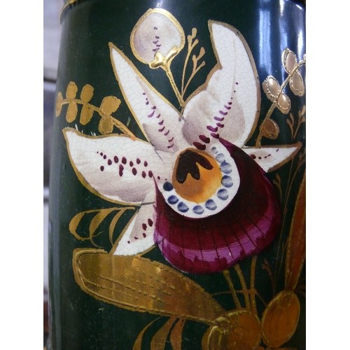 293C - 2 PITCHER JUGS BLACK WITH HAND PAINTED ORCHIDS