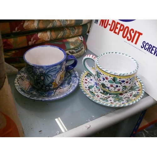 367 - 2 LARGE MEDITERRANEAN CUPS AND SAUCERS, SIGNED ON THE BASE