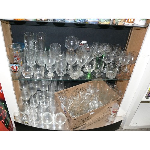 377 - 2 SHELVES OF MIXED GLASSES,   CHAMPAGNE, WINE AND PETERBOROUGH BEER FESTIVAL PINT GLASSES X 3