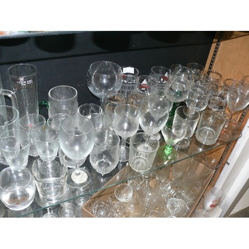 377 - 2 SHELVES OF MIXED GLASSES,   CHAMPAGNE, WINE AND PETERBOROUGH BEER FESTIVAL PINT GLASSES X 3