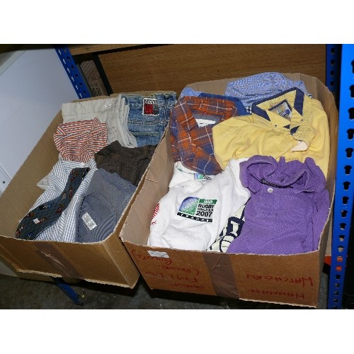 378 - 2 BOXES OF GENTS CLOTHES - SHIRTS, JEANS, RUGBY SHIRT ETC. INCLUDING RALPH LAUREN, WEIRD FISH