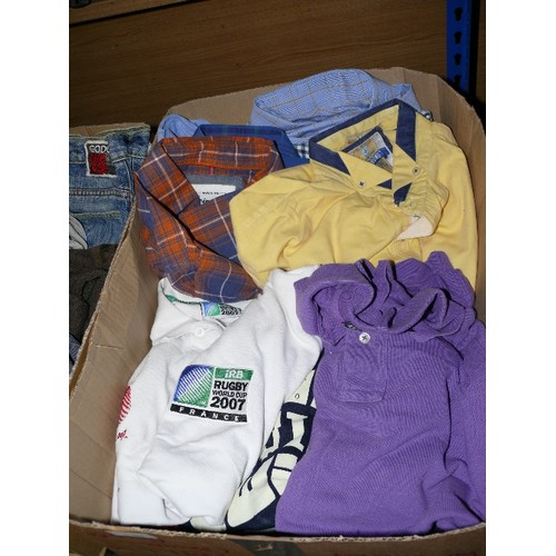 378 - 2 BOXES OF GENTS CLOTHES - SHIRTS, JEANS, RUGBY SHIRT ETC. INCLUDING RALPH LAUREN, WEIRD FISH