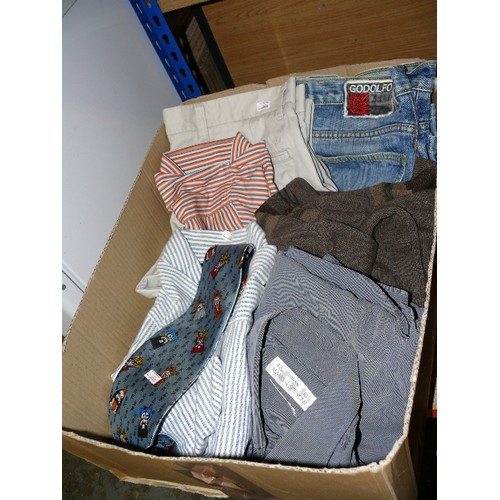 378 - 2 BOXES OF GENTS CLOTHES - SHIRTS, JEANS, RUGBY SHIRT ETC. INCLUDING RALPH LAUREN, WEIRD FISH