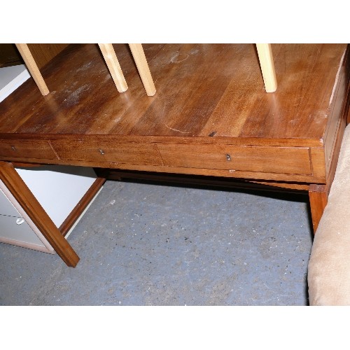 414 - STYLISH DESK PROBABLY DANISH WITH 3 FRONT DRAWERS, AGE RELATED WEAR