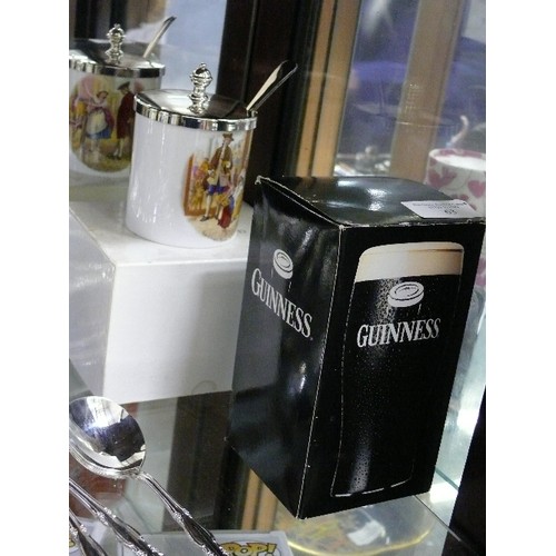 63 - A GUINNESS PINT GLASS FROM THE RUGBY WORLD CUP 1999 IN IT`S BOX-ALSO, A MAPPIN AND WEBB LIDDED JAM P... 