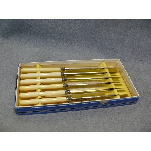 67B - VINTAGE CUTLERY - BOX OF 6 KNIVES WITH AMBER COLOURED HANLES,  BOX OF 6 DINNER KNIVES WITH CREAM HAN... 