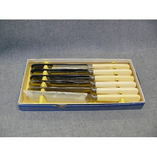 67B - VINTAGE CUTLERY - BOX OF 6 KNIVES WITH AMBER COLOURED HANLES,  BOX OF 6 DINNER KNIVES WITH CREAM HAN... 