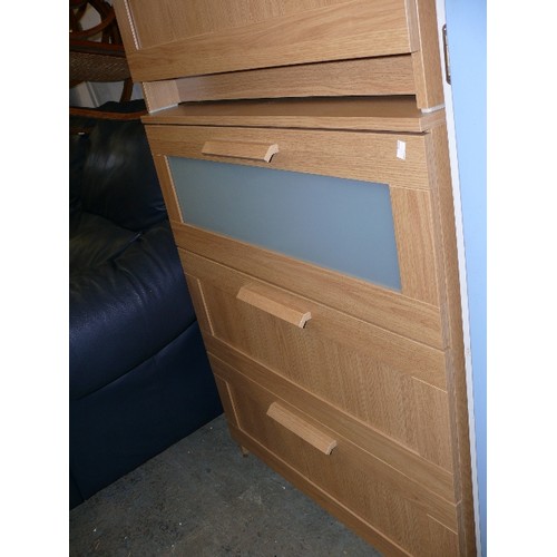 420 - IKEA PAIR OF OAK FINISHED CHEST OF 3 DRAWERS, THE TOP DRAWER HAS AN OPAQUE GLASS FRONT