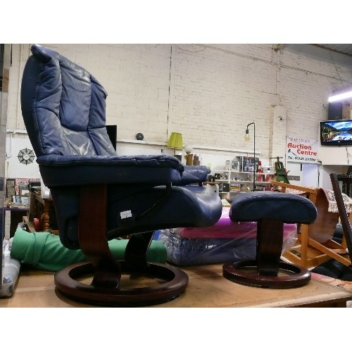 431 - EKORNES STRESSLESS LEATHER RECLINER WITH FOOTSTOOL IN PETROL BLUE