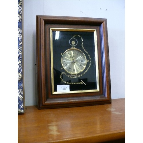 439 - POCKET WATCH WITH ALBERT CHAIN  STYLE FRAMED CLOCK