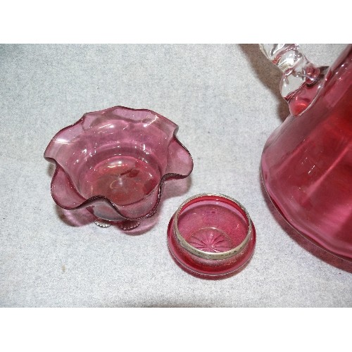 85A - A VERY NICE SELECTION OF VINTAGE CRANBERRY GLASS TO INCLUDE A SMALL POT WITH HALLMARKED SILVER RIM (... 