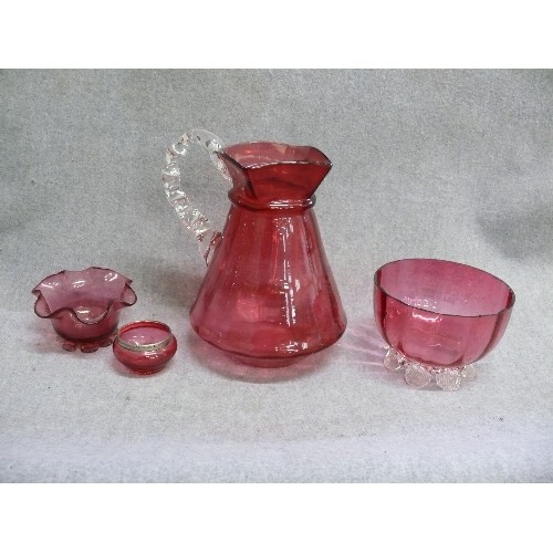 85A - A VERY NICE SELECTION OF VINTAGE CRANBERRY GLASS TO INCLUDE A SMALL POT WITH HALLMARKED SILVER RIM (... 