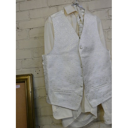 182 - A GENTLEMANS CREAM WEDDING OUTFIT SHIRT, WAISTCOAT, TIE ETC