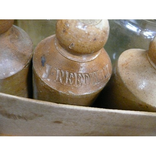 233 - BOX OF 9 JARS/BOTTLES SOME MARKED PITT AND NORRIS/OTHERS WITH MANUFACTURERS NAMES/DESCRIPTIONS