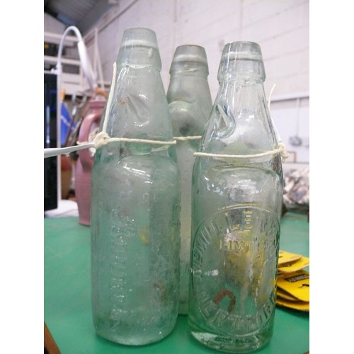 242 - 3 UNUSUAL BOTTLES MARKED R WHITES /IRG FRAMK/ MCKULLEN AND SONS. ALL 3 HAVE ORIGINAL MARBLES