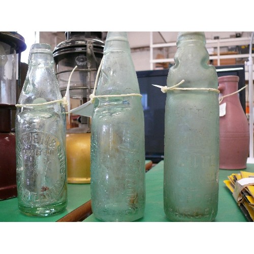 242 - 3 UNUSUAL BOTTLES MARKED R WHITES /IRG FRAMK/ MCKULLEN AND SONS. ALL 3 HAVE ORIGINAL MARBLES