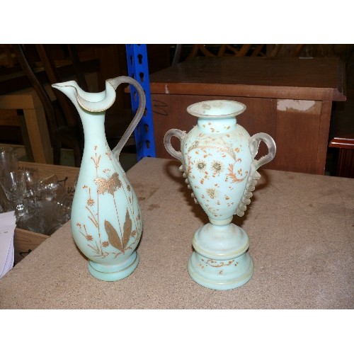 287 - VINTAGE GREEN GLASS JUG AND URN HANDPAINTED WITH GOLD DETAIL