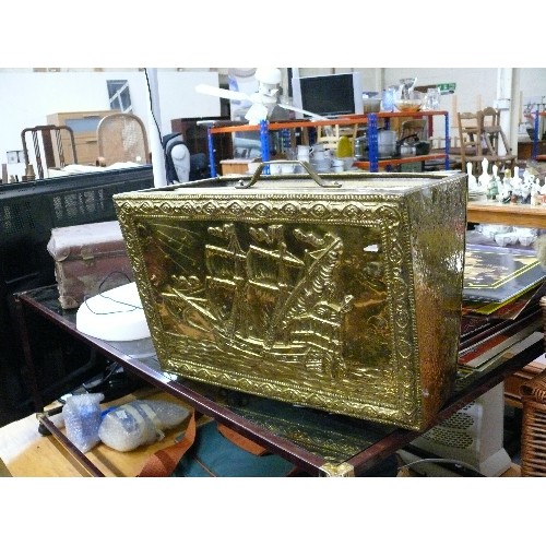 336 - MAGAZINE RACK, DOUBLE SIDED WITH BRASS GALLEON DESIGN