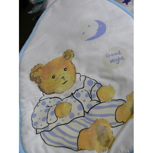 369 - LARGE QUANTITY OF NEW WATER BOTTLE COVER, MADE IN THE UK , GOODNIGHT TEDDY DESIGN IN BLUE AND WHITE