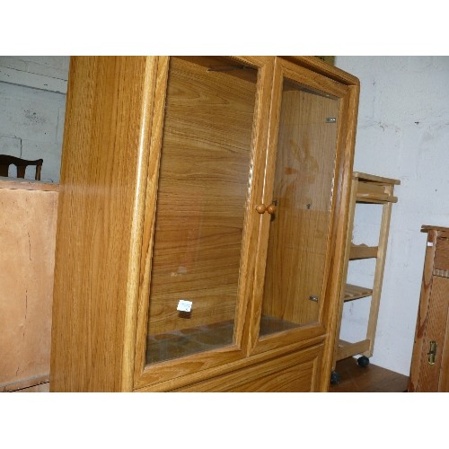 392 - DISPLAY CABINET WITH GLASS DOORS TO THE TOP AND A PULLDOWN BUREAU DOOR, 2 CUPBOARDS TO THE BOTTOM, W... 