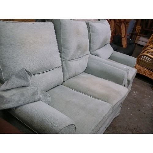 424 - 2 SEATER SOFA PLUS CHAIR AND SQUARE POUFFE UHOLSTERED IN PALE BLUE