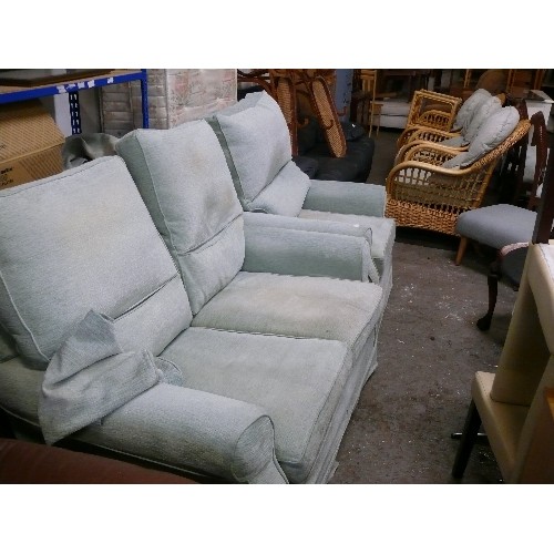 424 - 2 SEATER SOFA PLUS CHAIR AND SQUARE POUFFE UHOLSTERED IN PALE BLUE