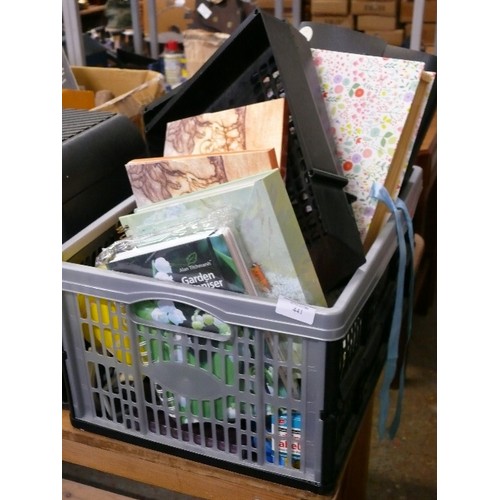 441 - CRATE OF STATIONERY- GARDEN ORGANISER ALAN TITCHMARSH,  NOTE CARDS WITH ENVELOPE X 2,  FOLDERS