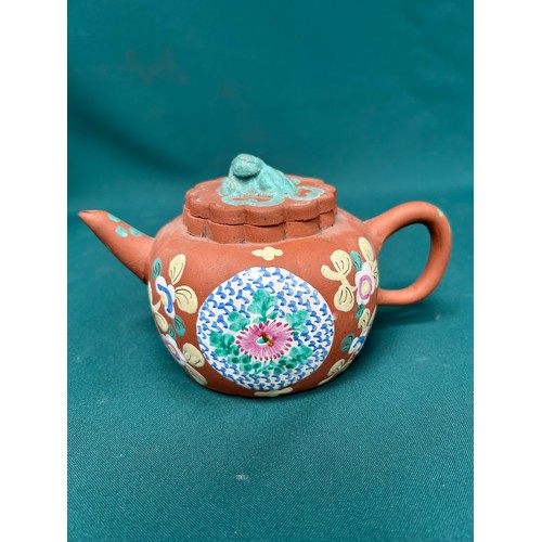 388 - A vintage Chinese polychrome enamelled Yixing teapot with lobed cover and foo dog finial - 10cm h