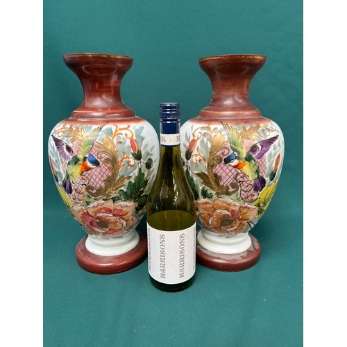 1 - Large pair of Victorian Opaline glass vases handpainted with birds and flowers - 38cm high