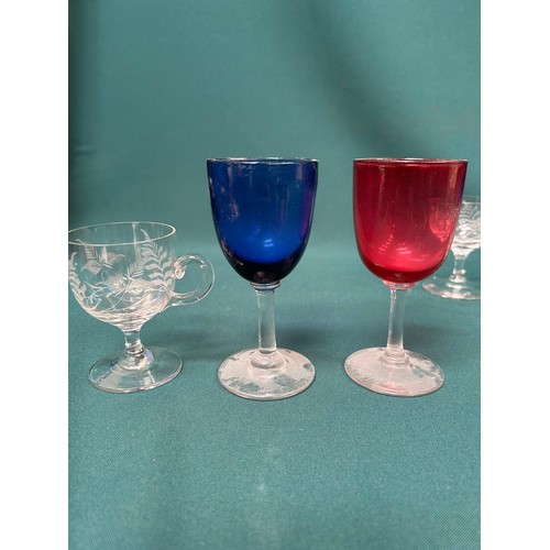 204 - Good selection of Victorian glass including 4 bristol blue wine glasses on clear stems, 3 cranberry ... 