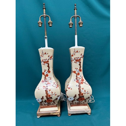 386 - Good pair of large 20th Century Chinese Vase lamps hand decorated with prunus blossom - adjustable h... 