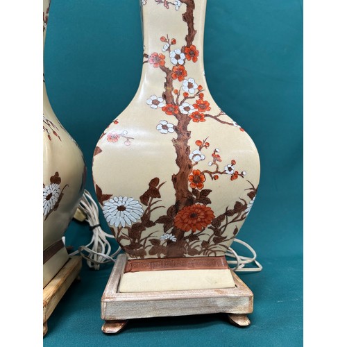 386 - Good pair of large 20th Century Chinese Vase lamps hand decorated with prunus blossom - adjustable h... 