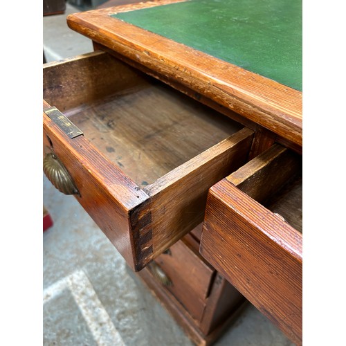 408 - Early 20th Century Pitch Pine pedestal school desk with original brass cup handles, 9 drawers. Brass... 