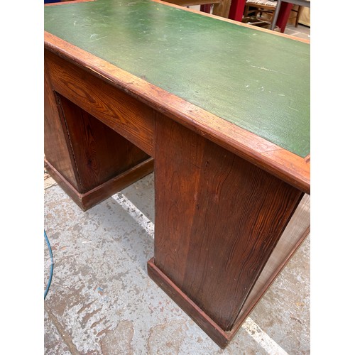 408 - Early 20th Century Pitch Pine pedestal school desk with original brass cup handles, 9 drawers. Brass... 