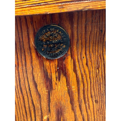 408 - Early 20th Century Pitch Pine pedestal school desk with original brass cup handles, 9 drawers. Brass... 