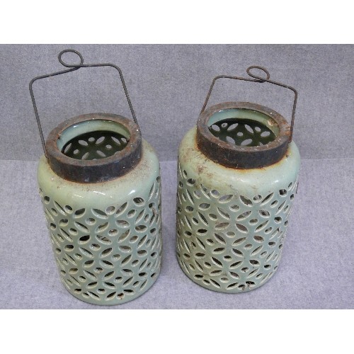 66 - A PAIR OF VINTAGE CERAMIC GREEN LANTERNS