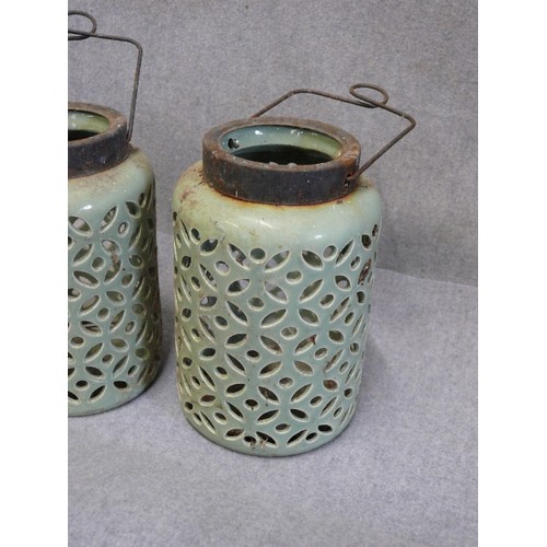 66 - A PAIR OF VINTAGE CERAMIC GREEN LANTERNS