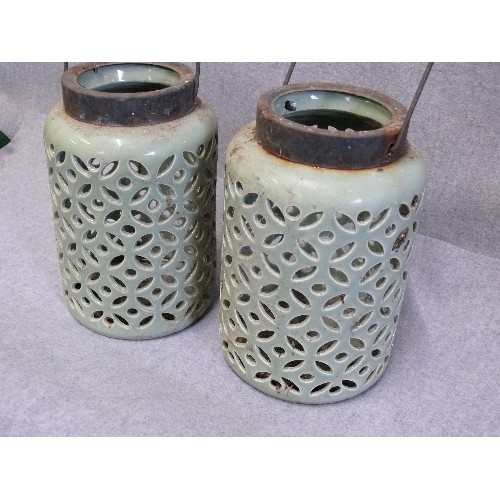 66 - A PAIR OF VINTAGE CERAMIC GREEN LANTERNS