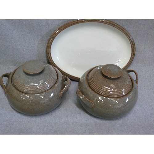 67 - A PAIR OF DENBY STONEWARE 'GREYSTONE SOUP TUREENS AND A MATCHING PLATTER