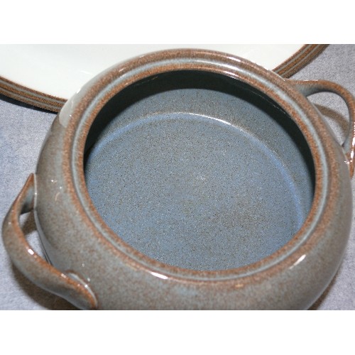 67 - A PAIR OF DENBY STONEWARE 'GREYSTONE SOUP TUREENS AND A MATCHING PLATTER