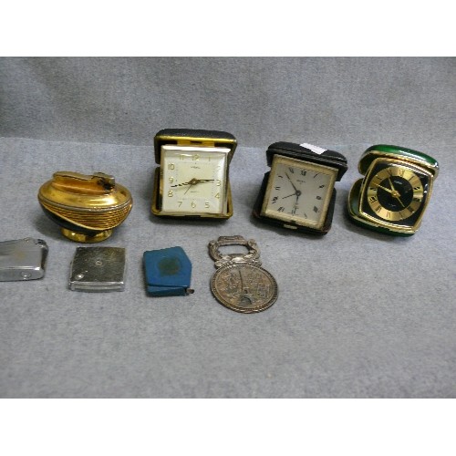 79 - A NICE VINTAGE COLLECTABLE LOT OF VARIOUS LIGHTERS, TRAVEL CLOCKS AND A BOTTLE OPENER