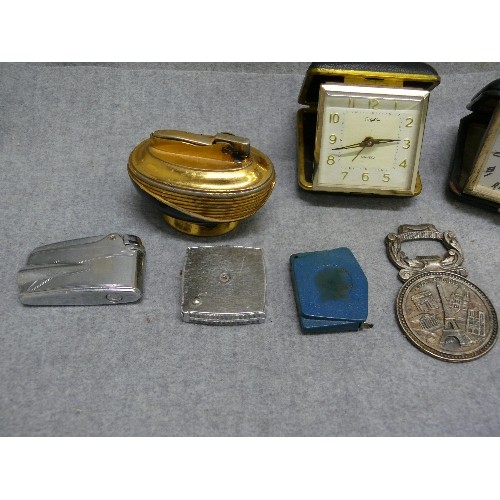 79 - A NICE VINTAGE COLLECTABLE LOT OF VARIOUS LIGHTERS, TRAVEL CLOCKS AND A BOTTLE OPENER