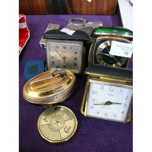 79 - A NICE VINTAGE COLLECTABLE LOT OF VARIOUS LIGHTERS, TRAVEL CLOCKS AND A BOTTLE OPENER