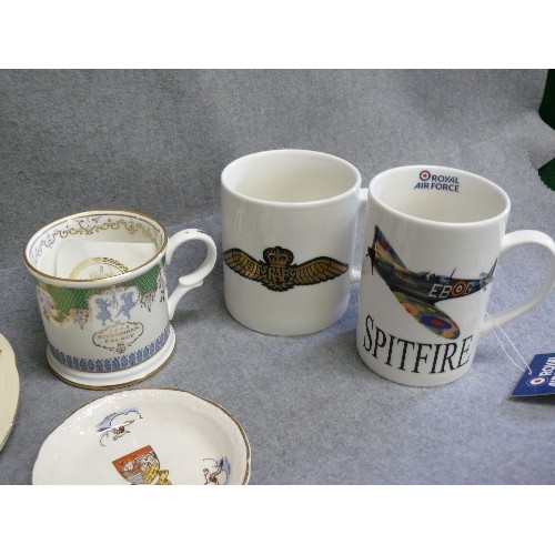 81 - A SELECTION OF COLLECTABLE CHINA MUGS AND PLATES, BUCKINGHAM PALACE, SPITFIRE AND RAF