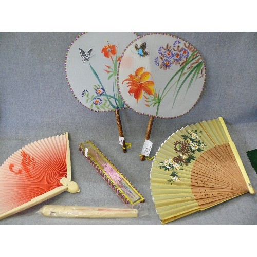 112 - A PAIR OF VERY LOVELY CHINESE SILK FANS PLUS 4 FUTHER DECORATIVE FANS