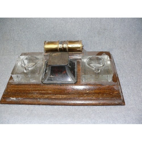 128 - A BEAUTIFUL VINTAGE WOODEN DESK STAND WITH HALLMARKED SOLID SILVER & AND TORTOISE SHELL  INKWELL BIR... 