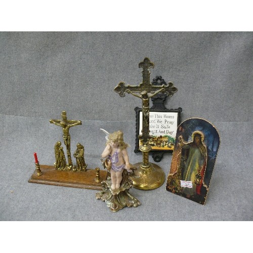 163 - A SELECTION OF RELIGIOUS ITEMS CRUCIFIX, PLAQUES ETC