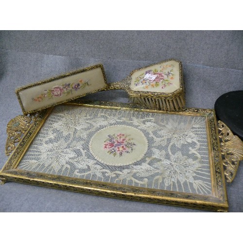 165 - AN ORNATE BRASS DRESSING TABLE SET (TRAY AND BRUSHES) WITH HAND EMBROIDERY PLUS 2 EBONY DRESSING TAB... 