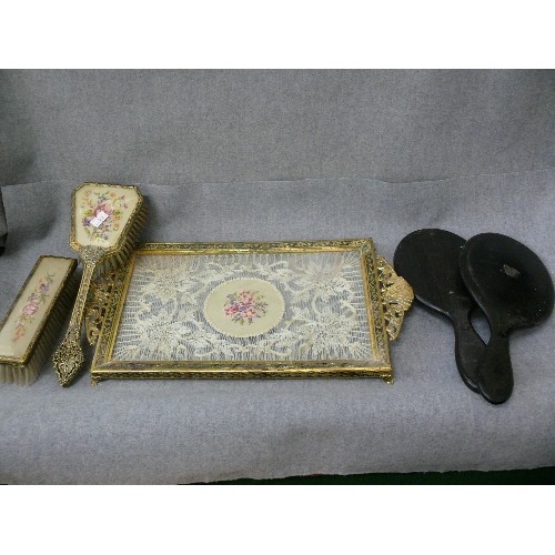 165 - AN ORNATE BRASS DRESSING TABLE SET (TRAY AND BRUSHES) WITH HAND EMBROIDERY PLUS 2 EBONY DRESSING TAB... 