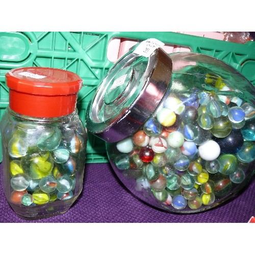 201 - 2 GLASS JARS WITH CONTENTS OF VARIOUS MARBLES